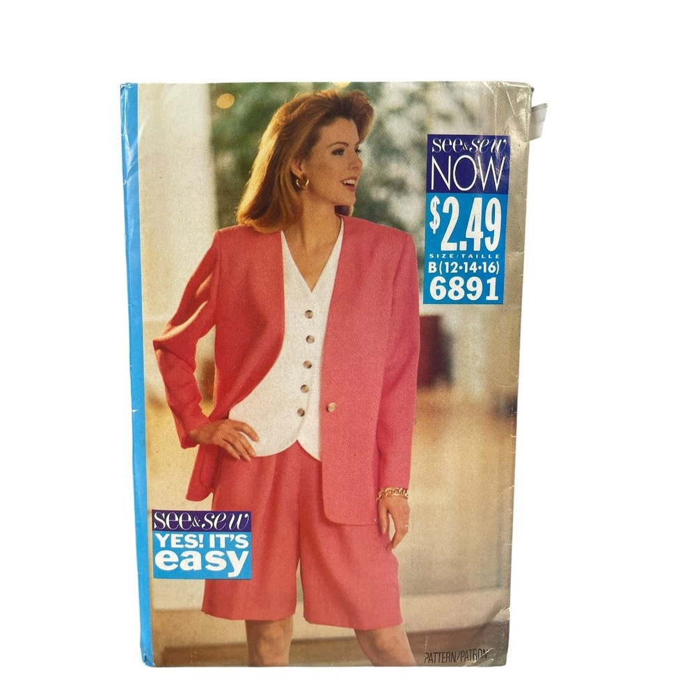 Butterick See & Sew 6891 Misses Jacket Vest Shorts B 12-14-16 90s Vintage